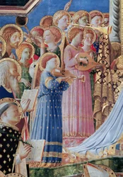 Couronnement de la Vierge, détail des anges musiciens du côté gauche, vers 1430-32